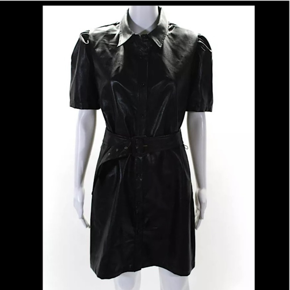 Aqua Faux Leather Belted Shirt Dress…Large….Color: Black